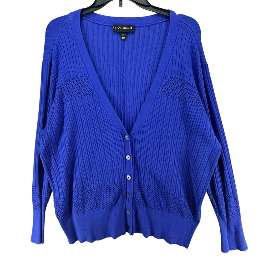 Lane Bryant Cardigan Sweater Womens 22-24 Blue Ribbed Rayon‎ Blend Button Front